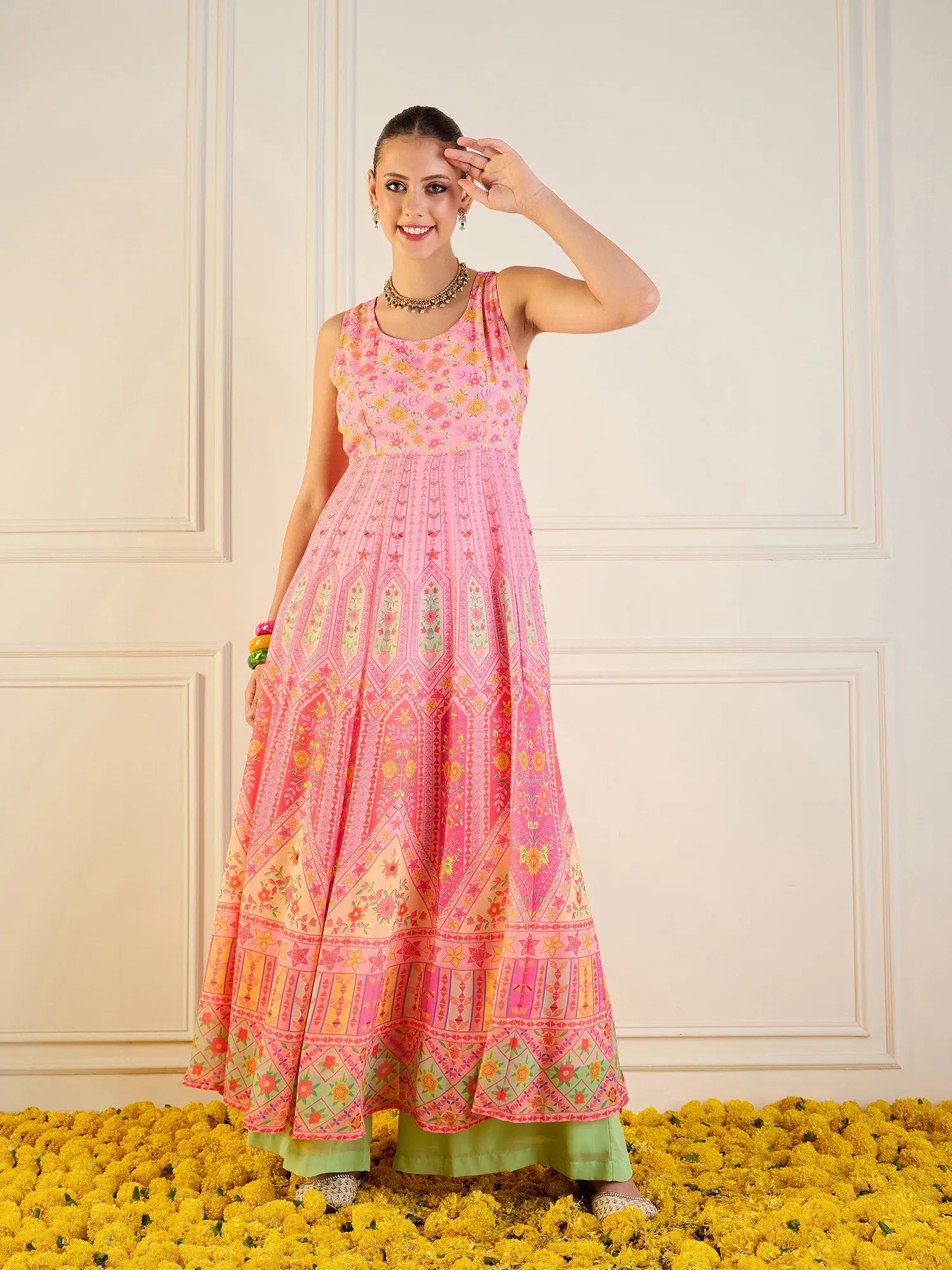 Pink Floral Anarkali Kurta | Sleeveless Anarkali Dress Online