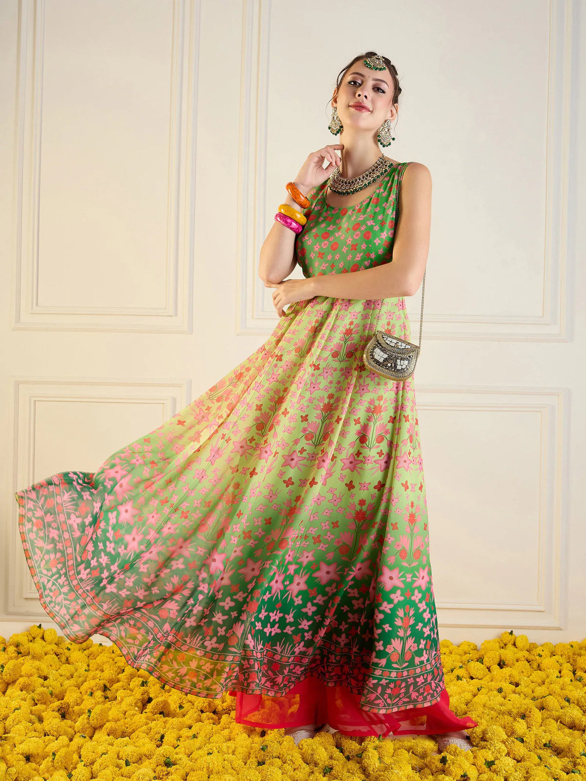 Women Green Floral Sleeveless Anarkali Kurta-SHKUR00420