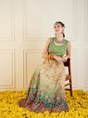 Women Green Floral Sleeveless Anarkali Kurta-SHKUR00420