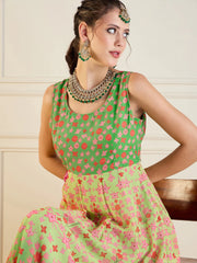 Women Green Floral Sleeveless Anarkali Kurta-SHKUR00420