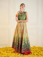 Women Green Floral Sleeveless Anarkali Kurta-SHKUR00420