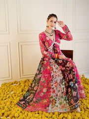 Women Fuchsia & Black Floral Long Anarkali Kurta-SHKUR00421