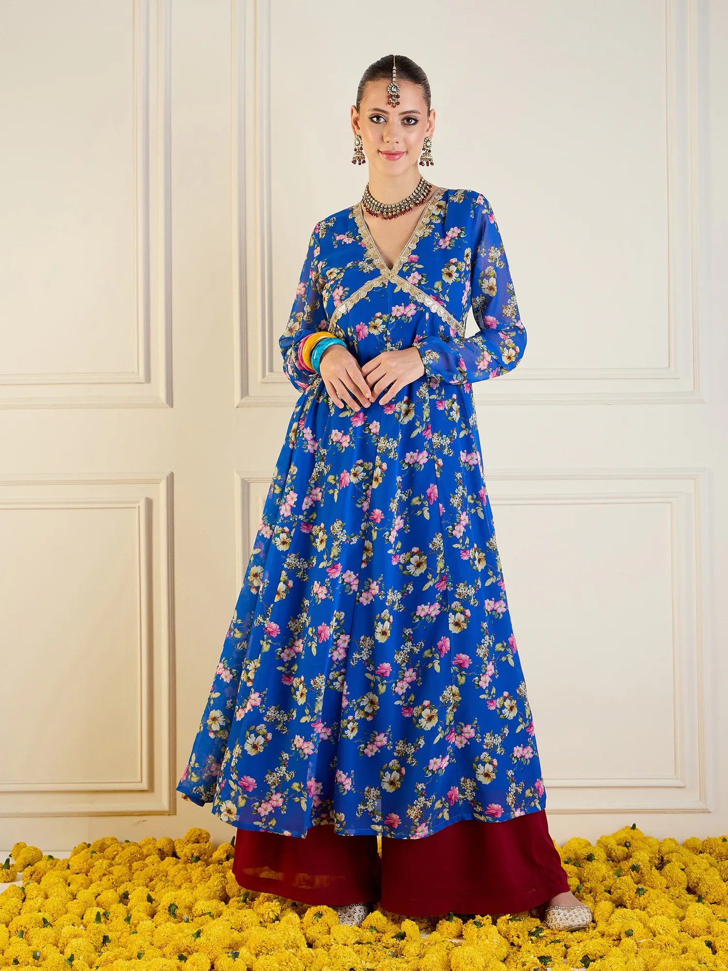 Royal Blue Floral Anarkali Kurta | Long Anarkali Gown Online