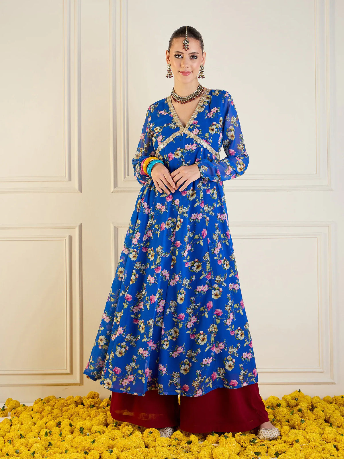 Women Royal Blue Floral Long Anarkali Kurta-SHKUR00422