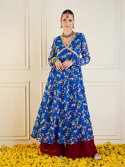 Women Royal Blue Floral Long Anarkali Kurta-SHKUR00422