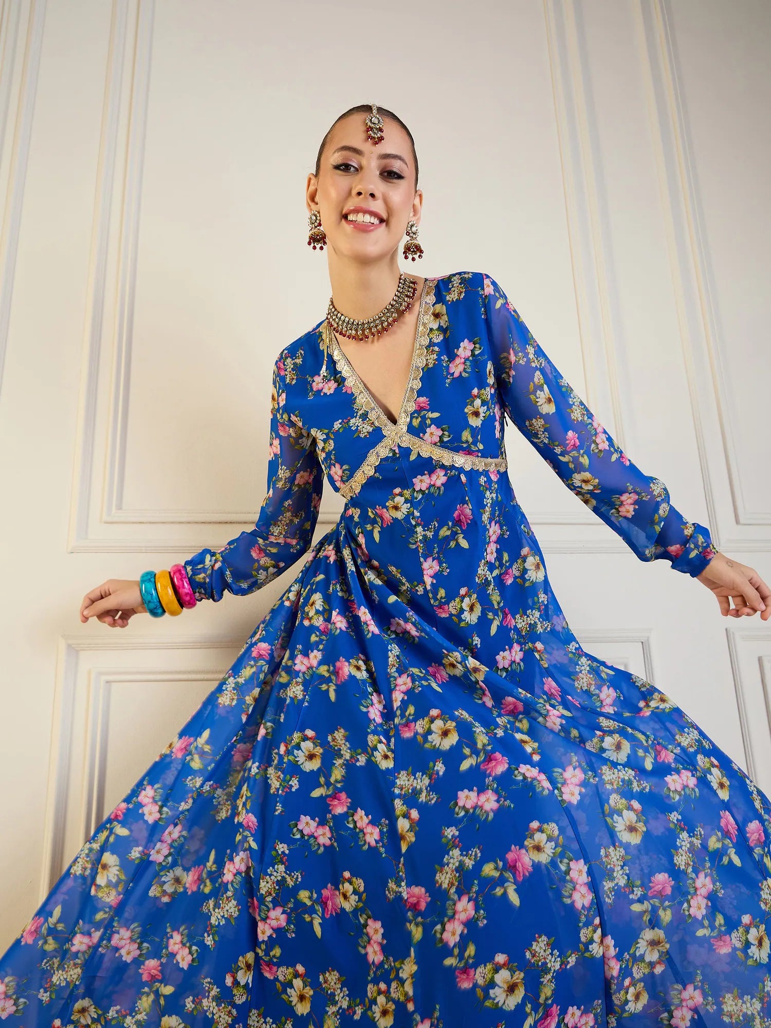 Royal Blue Floral Anarkali Kurta | Long Anarkali Gown Online