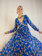 Women Royal Blue Floral Long Anarkali Kurta-SHKUR00422