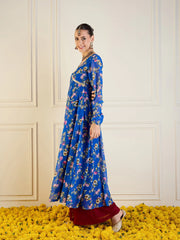 Women Royal Blue Floral Long Anarkali Kurta-SHKUR00422