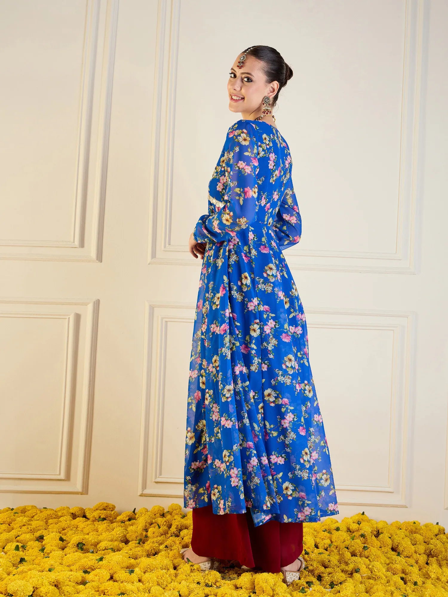 Royal Blue Floral Anarkali Kurta | Long Anarkali Gown Online