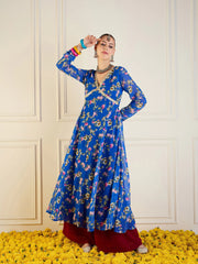 Women Royal Blue Floral Long Anarkali Kurta-SHKUR00422