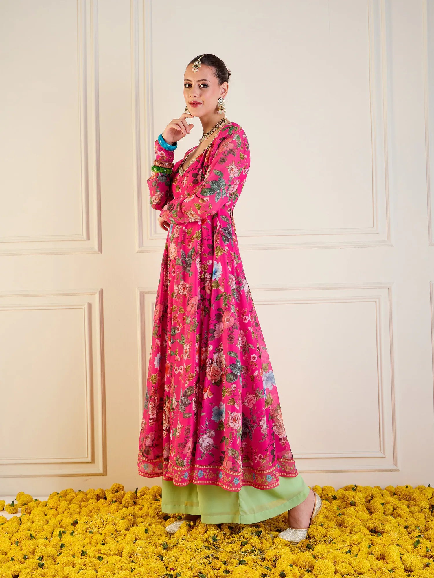 Fuchsia Floral Long Anarkali Kurta | Women's Anarkali Gown