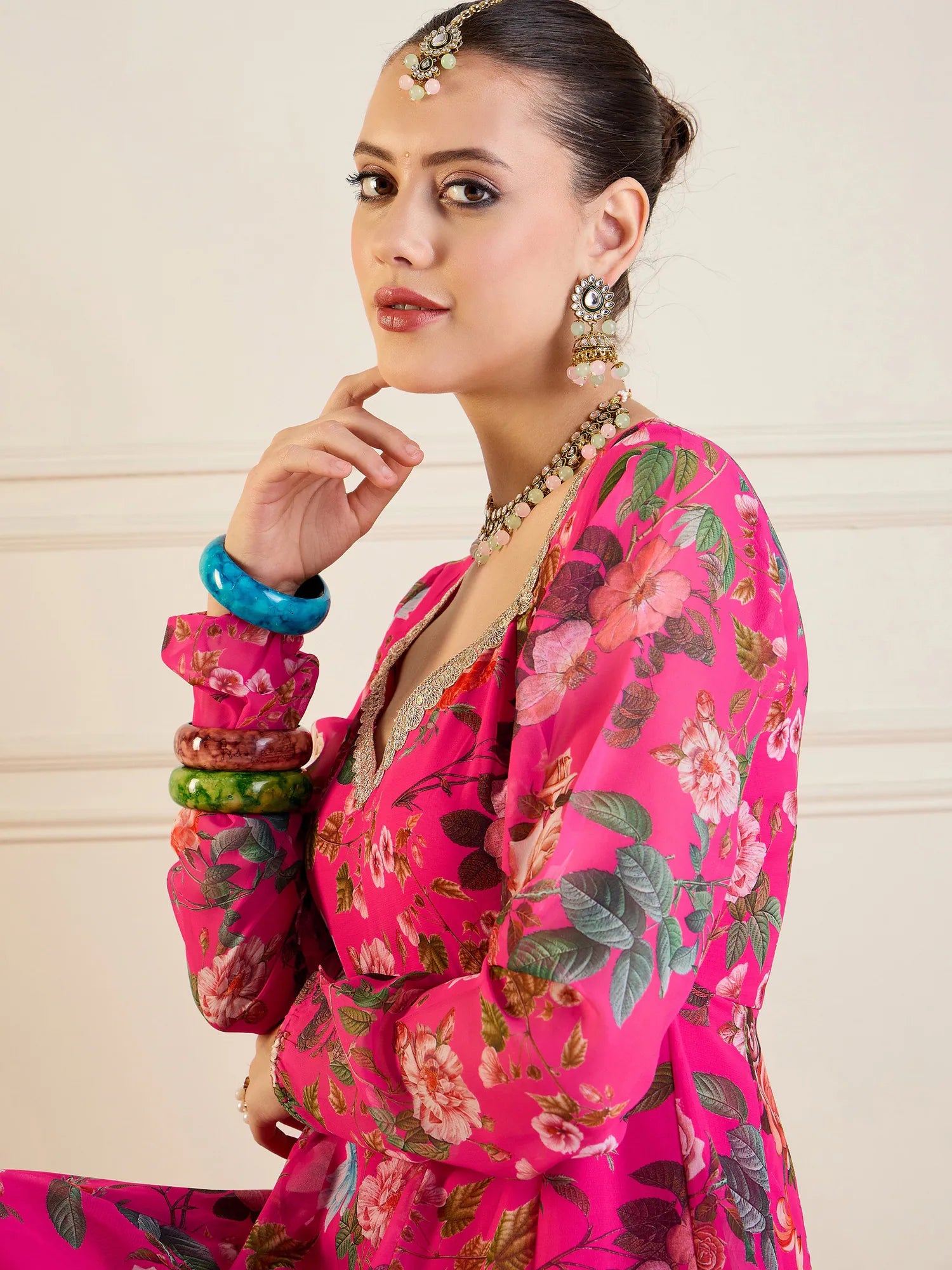 Fuchsia Floral Long Anarkali Kurta | Women's Anarkali Gown