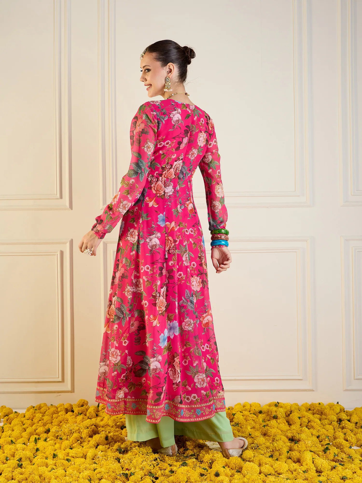 Fuchsia Floral Long Anarkali Kurta | Women's Anarkali Gown