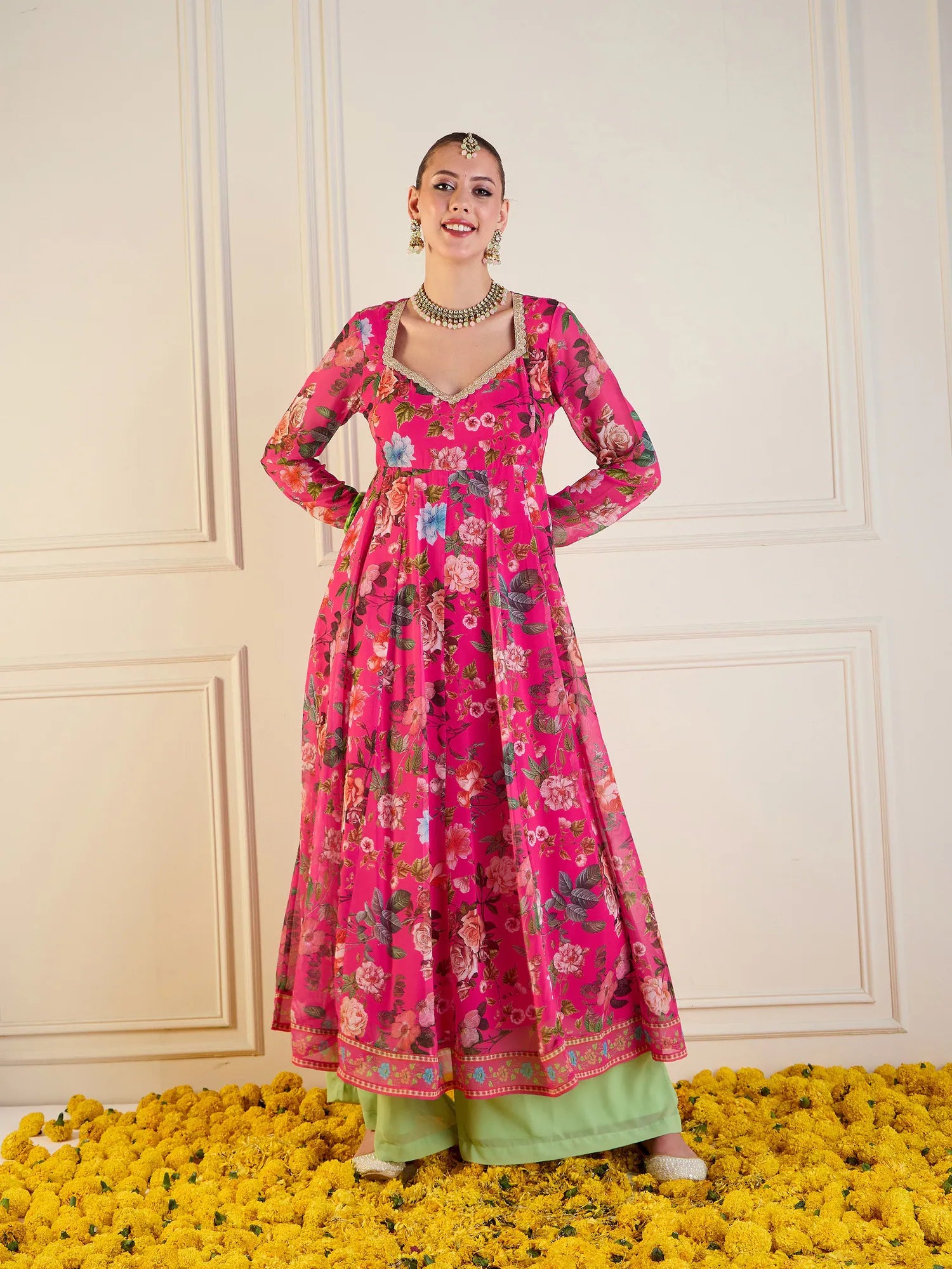 Fuchsia Floral Long Anarkali Kurta | Women's Anarkali Gown