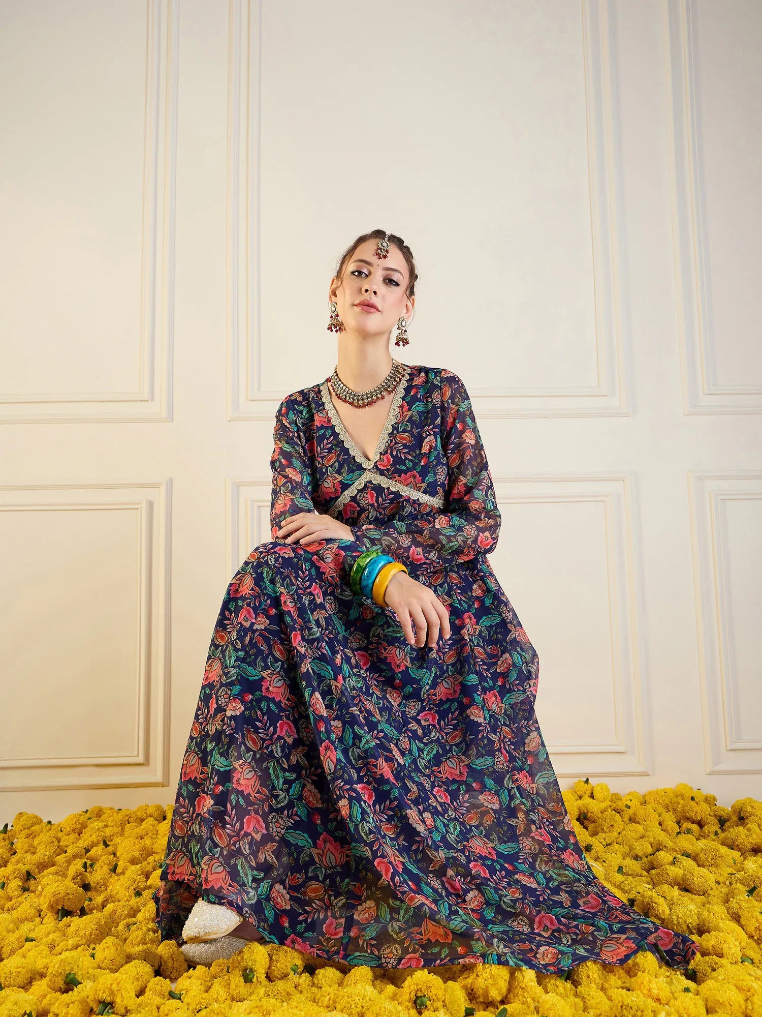 Navy Floral Anarkali Kurta for Women | Long Anarkali Gown