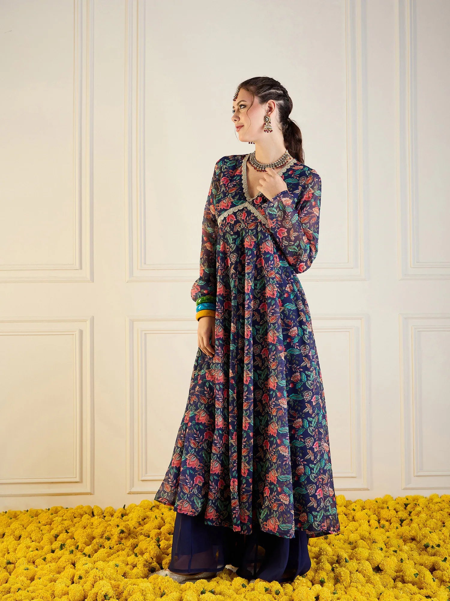 Navy Floral Anarkali Kurta for Women | Long Anarkali Gown