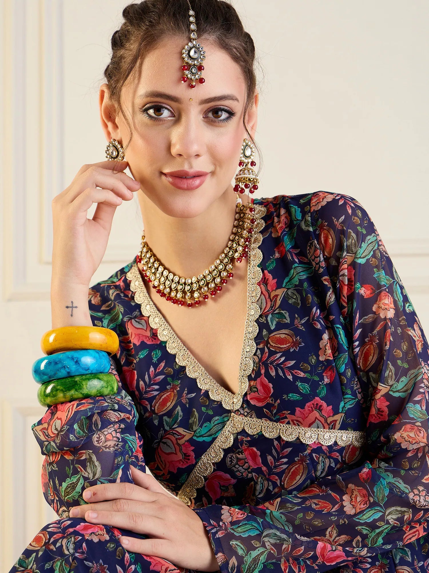 Navy Floral Anarkali Kurta for Women | Long Anarkali Gown