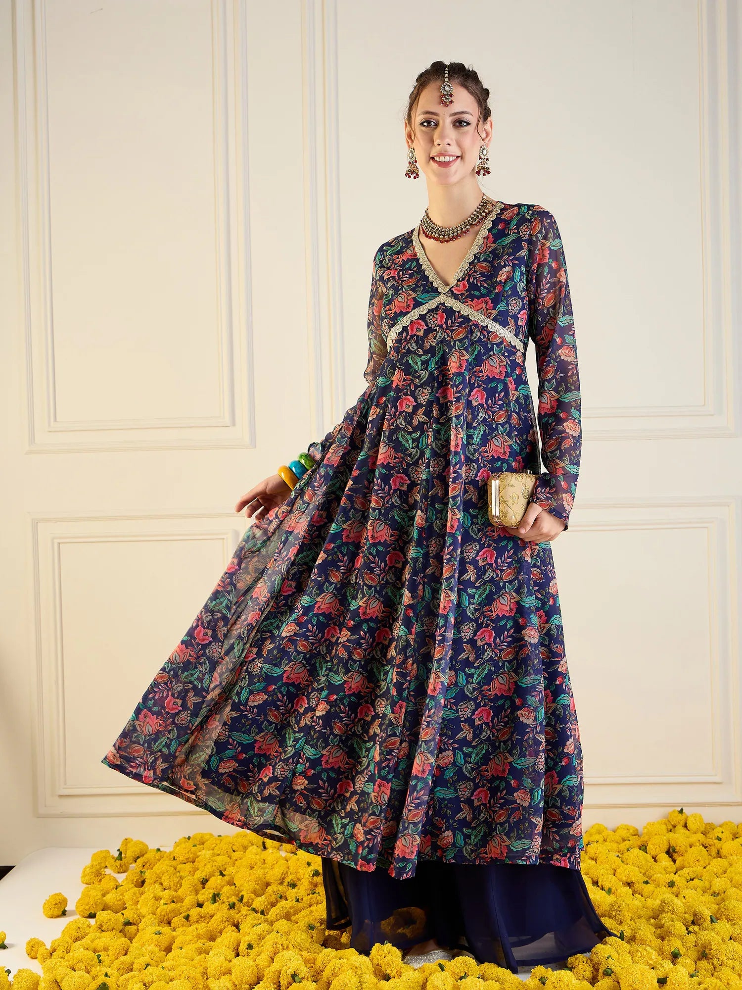 Navy Floral Anarkali Kurta for Women | Long Anarkali Gown