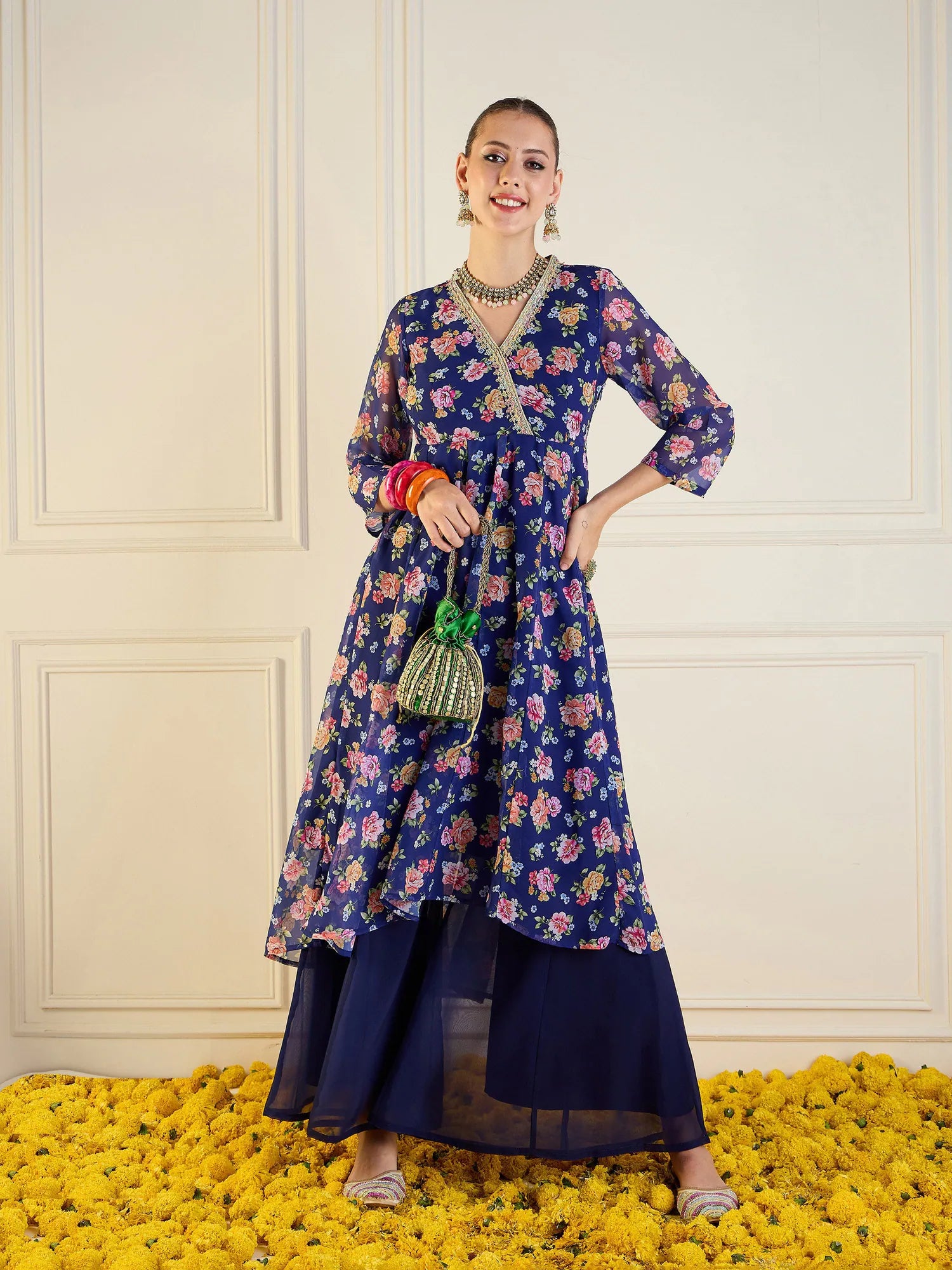 Blue Floral High Low Anarkali Kurta | Women's Anarkali Kurti