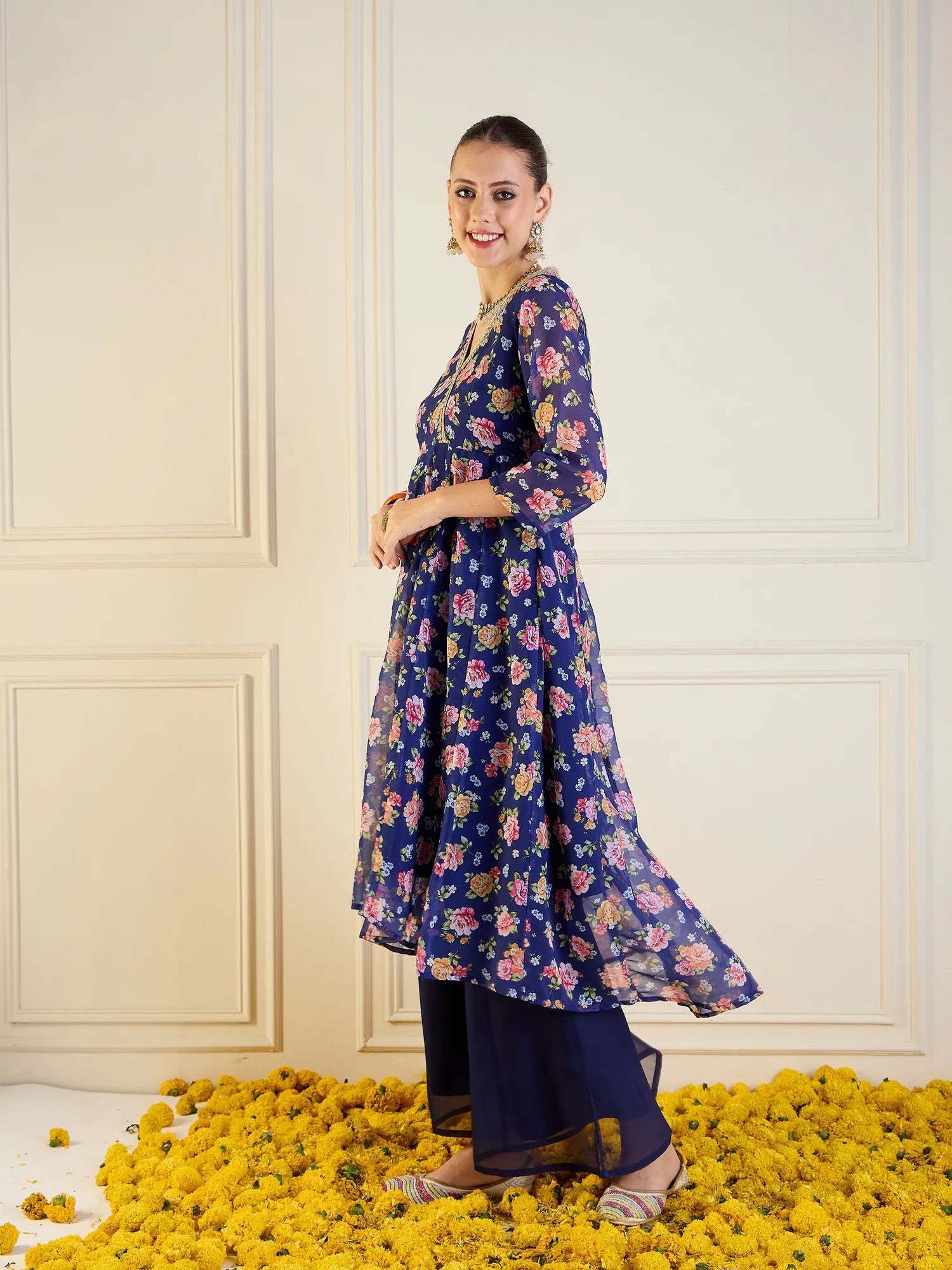 Blue Floral High Low Anarkali Kurta | Women's Anarkali Kurti