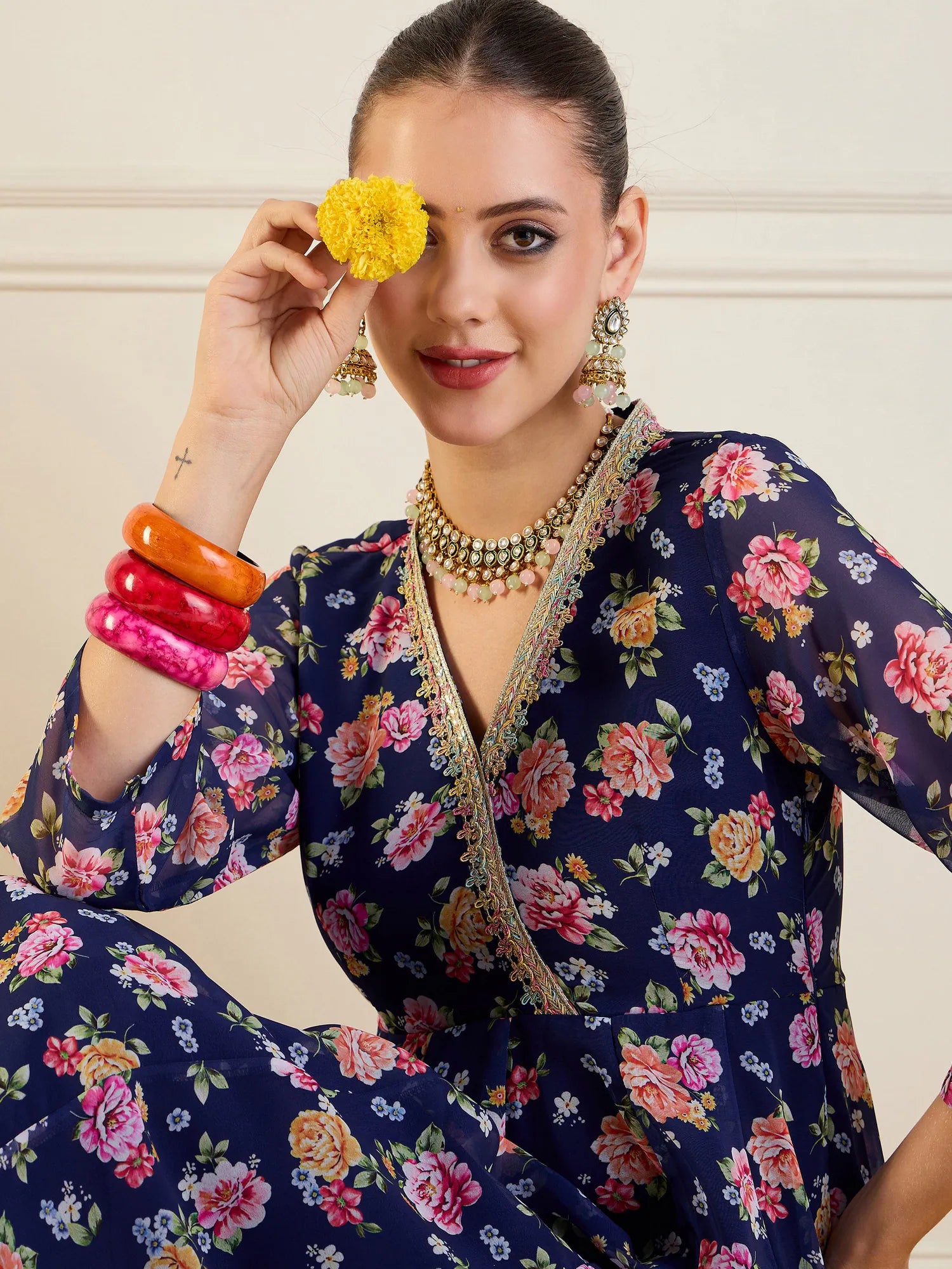 Blue Floral High Low Anarkali Kurta | Women's Anarkali Kurti