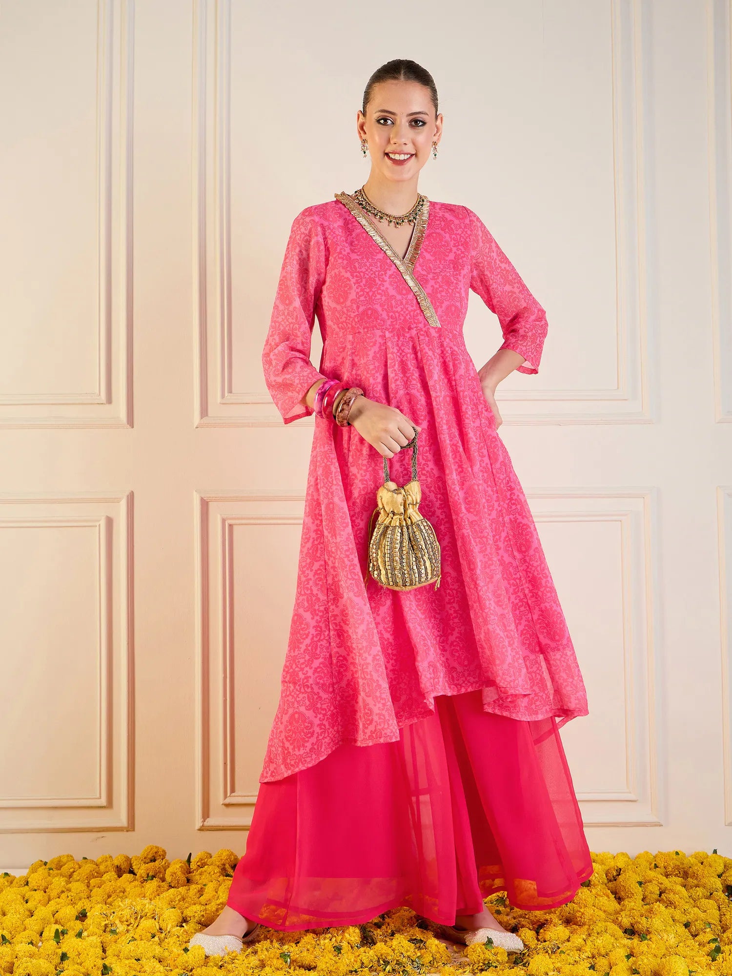 Pink Floral High Low Anarkali Kurta | Anarkali Kurtis for Women