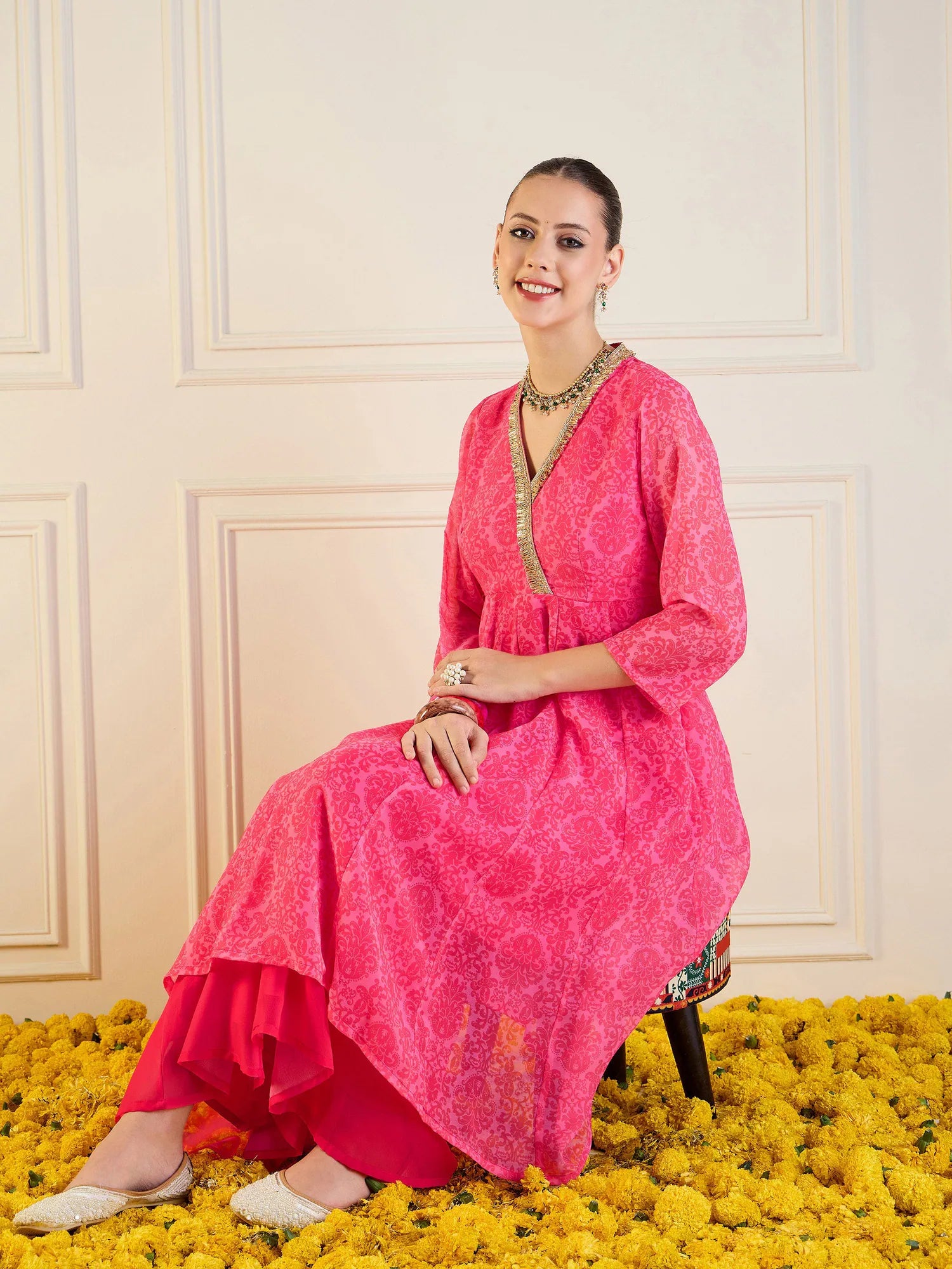 Pink Floral High Low Anarkali Kurta | Anarkali Kurtis for Women