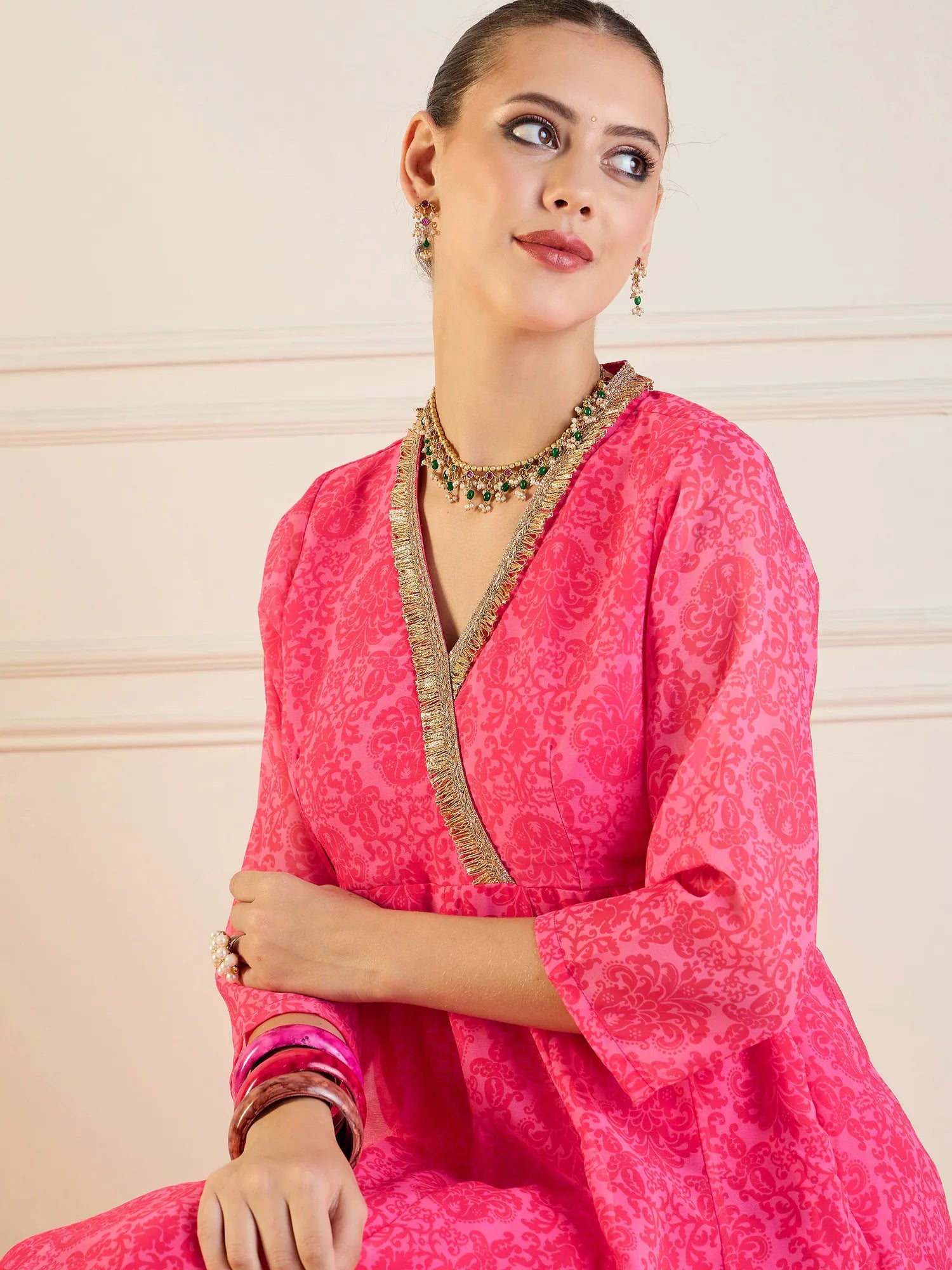 Pink Floral High Low Anarkali Kurta | Anarkali Kurtis for Women