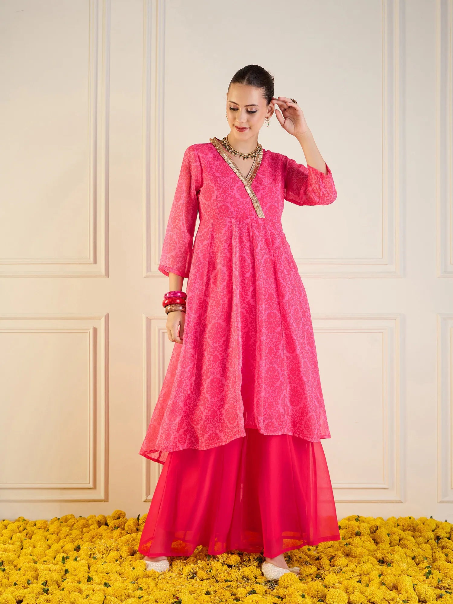 Pink Floral High Low Anarkali Kurta | Anarkali Kurtis for Women