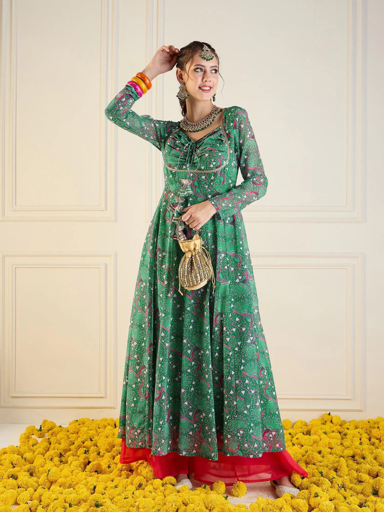 Green Motif Printed Anarkali Kurti | Long Anarkali Dress