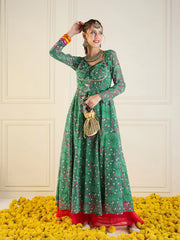 Women Green Motif Printed Front Dori Long Anarkali-SHKUR00429