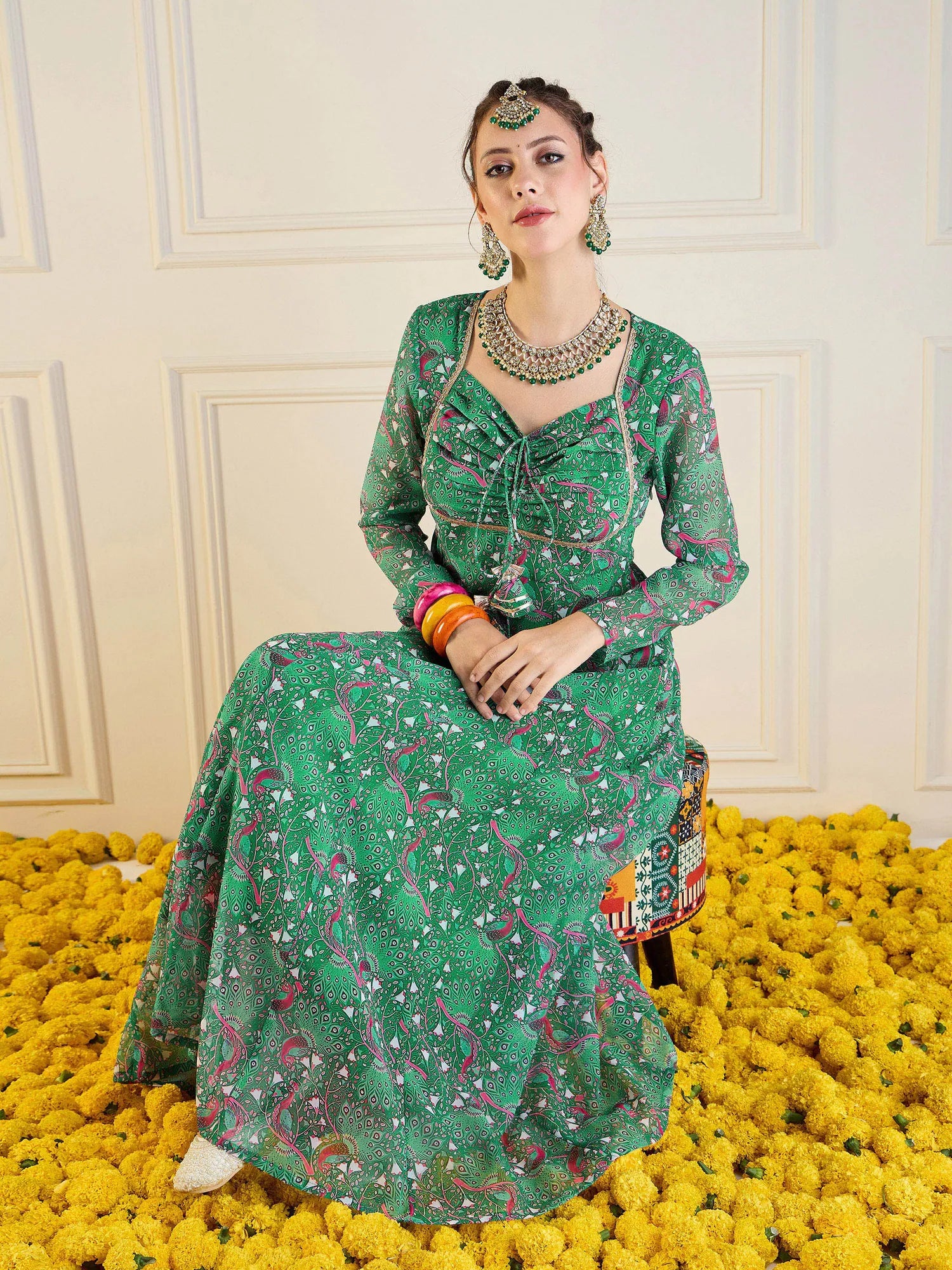 Green Motif Printed Anarkali Kurti | Long Anarkali Dress
