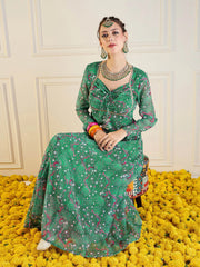 Women Green Motif Printed Front Dori Long Anarkali-SHKUR00429