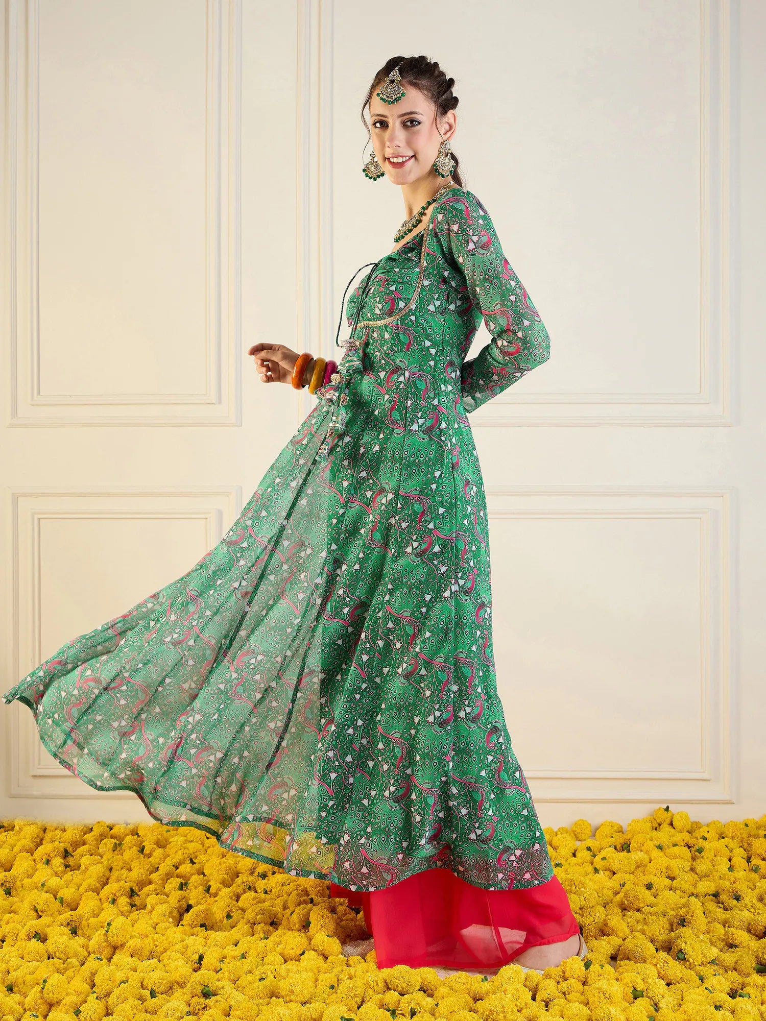 Green Motif Printed Anarkali Kurti | Long Anarkali Dress