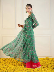 Women Green Motif Printed Front Dori Long Anarkali-SHKUR00429