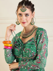 Women Green Motif Printed Front Dori Long Anarkali-SHKUR00429