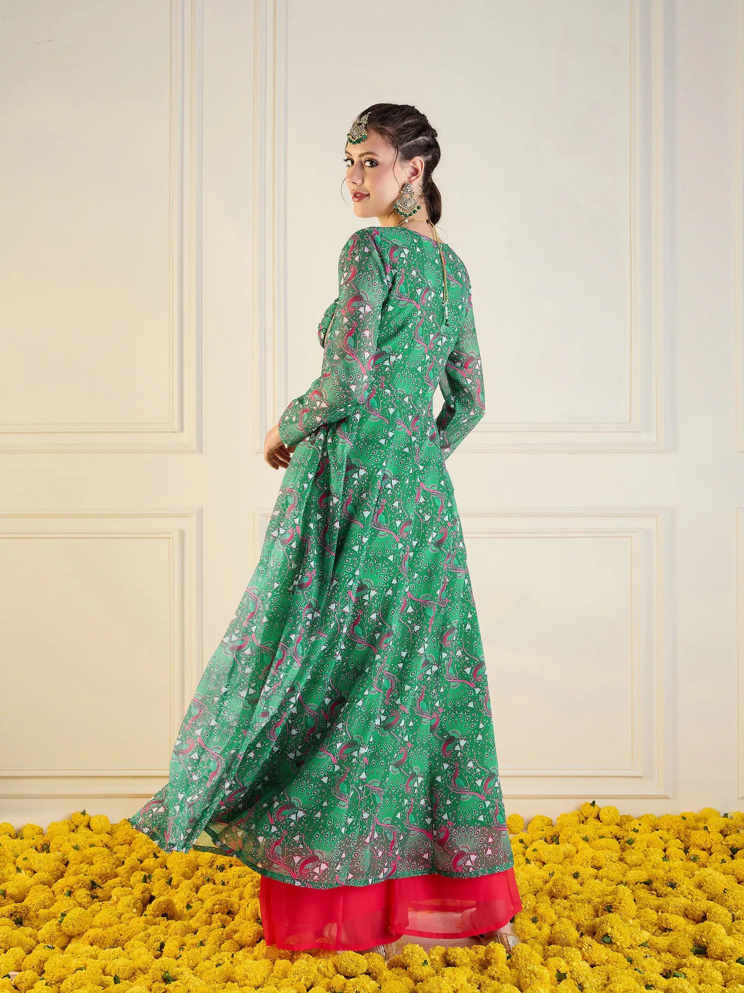 Green Motif Printed Anarkali Kurti | Long Anarkali Dress