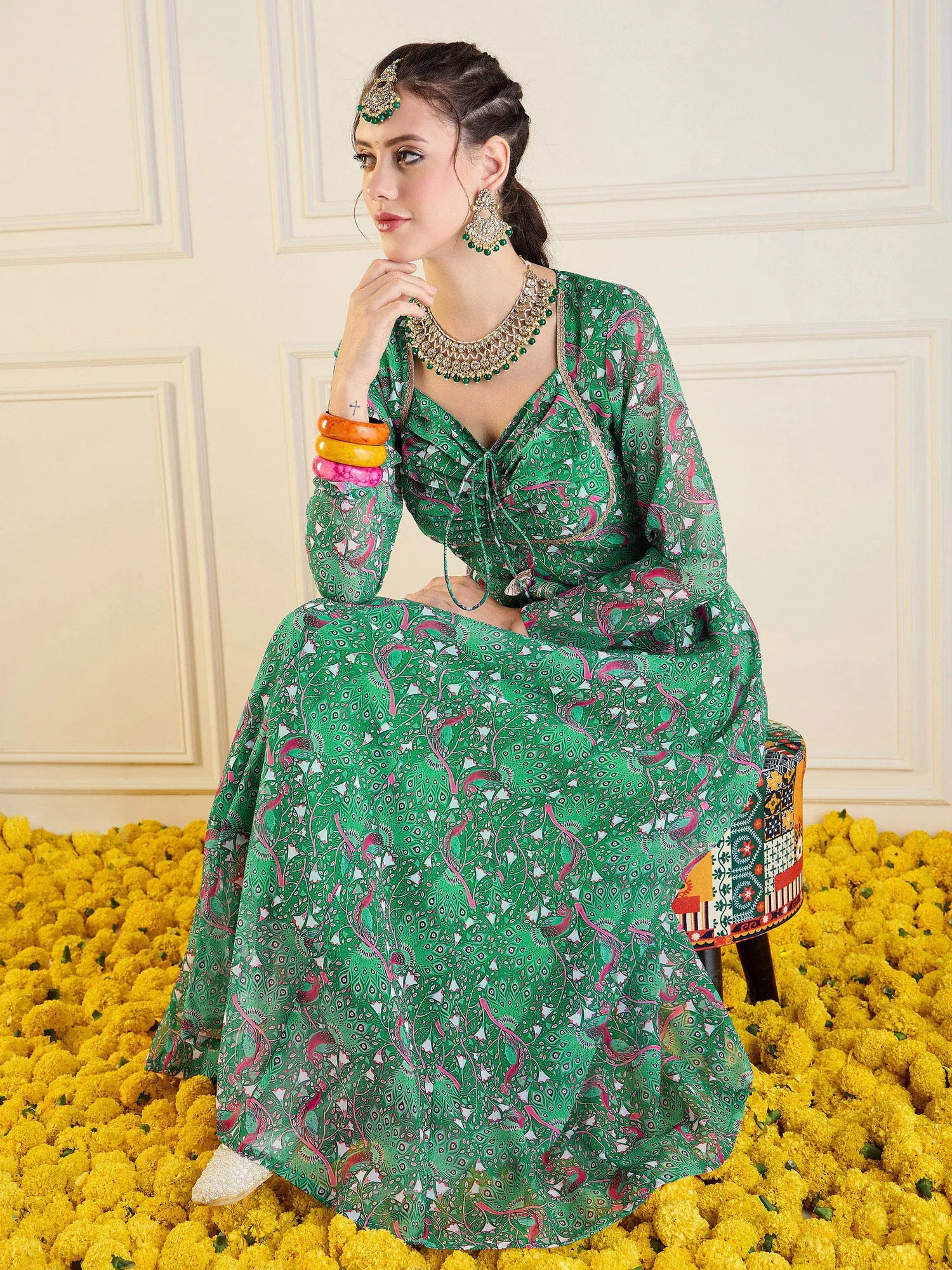 Green Motif Printed Anarkali Kurti | Long Anarkali Dress