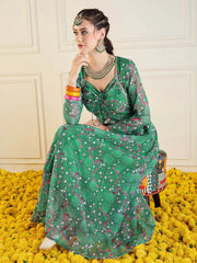 Women Green Motif Printed Front Dori Long Anarkali-SHKUR00429