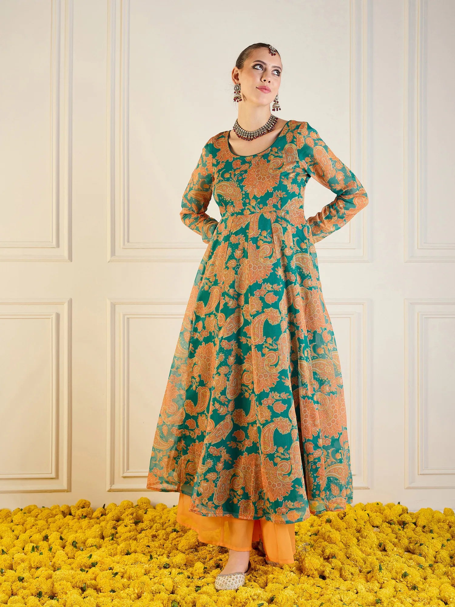 Green & Mustard Floral Anarkali Kurti | Long Anarkali Gown