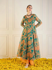 Women Green & Mustard Floral Long Anarkali-SHKUR00431