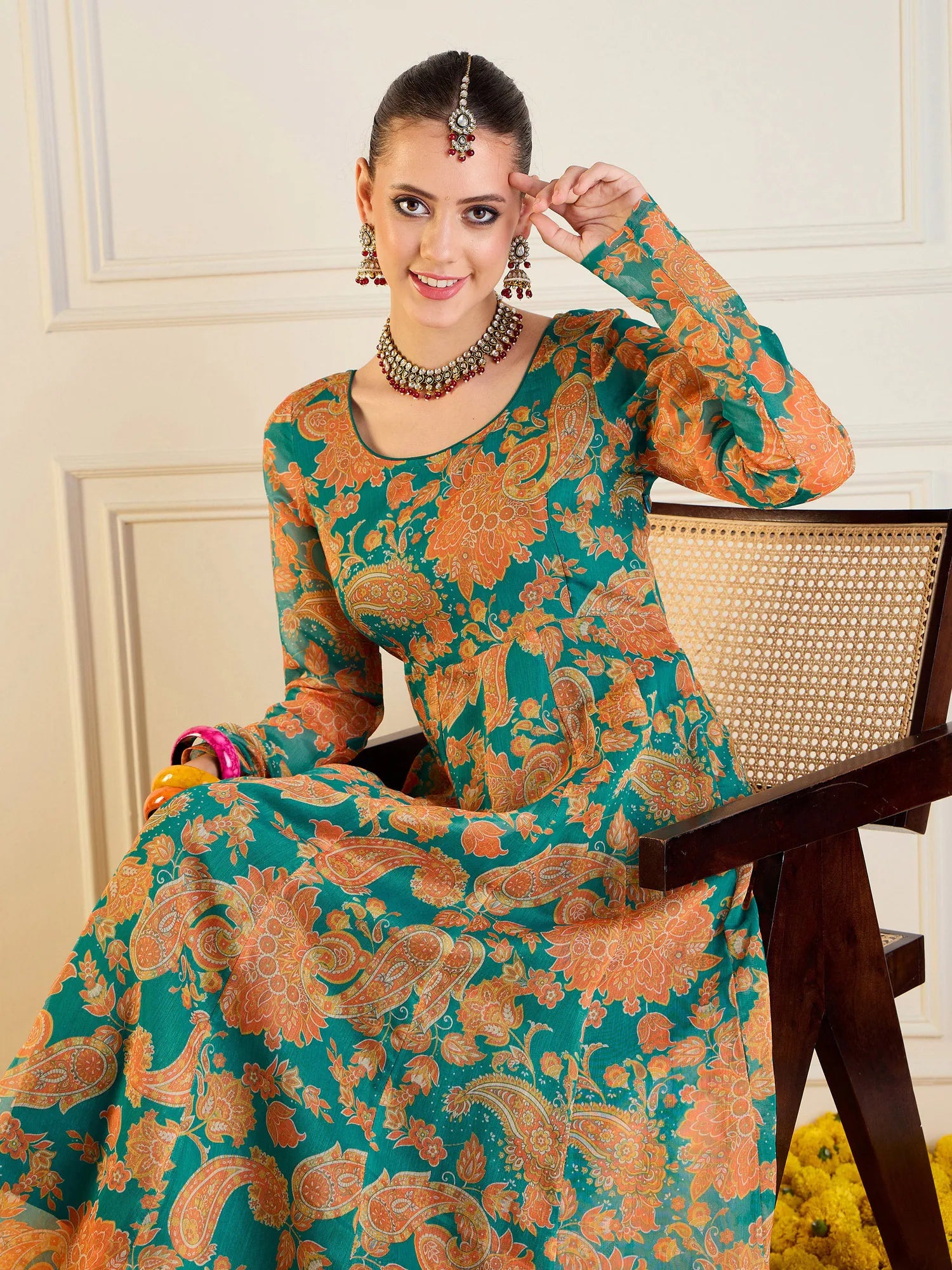 Green & Mustard Floral Anarkali Kurti | Long Anarkali Gown