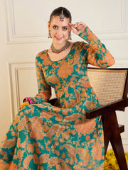 Women Green & Mustard Floral Long Anarkali-SHKUR00431