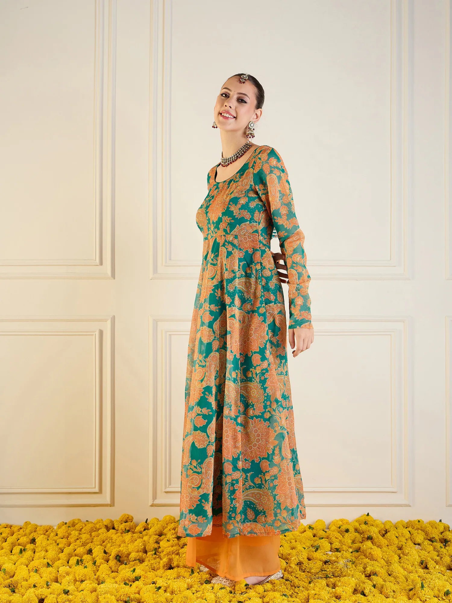 Green & Mustard Floral Anarkali Kurti | Long Anarkali Gown