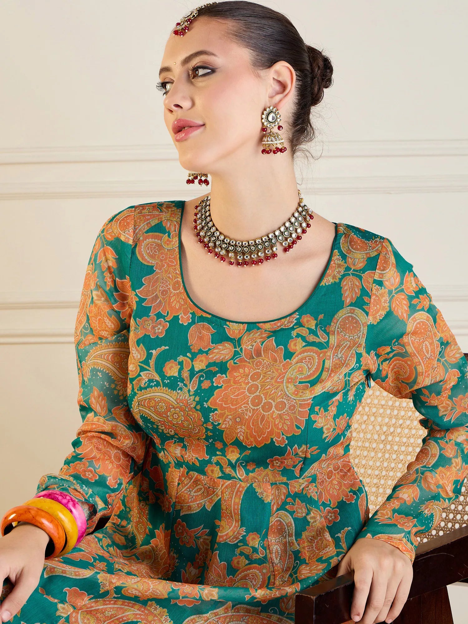 Green & Mustard Floral Anarkali Kurti | Long Anarkali Gown