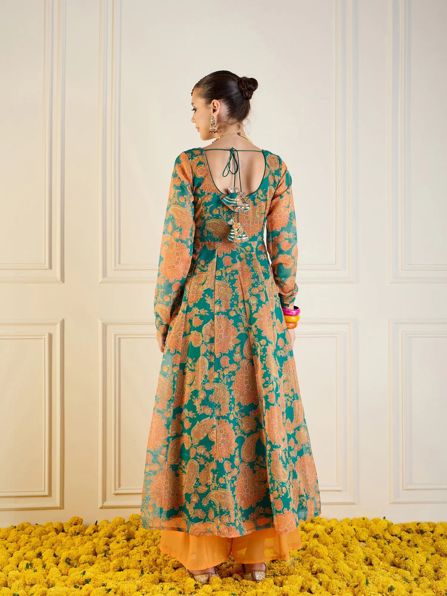 Green & Mustard Floral Anarkali Kurti | Long Anarkali Gown