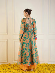 Women Green & Mustard Floral Long Anarkali-SHKUR00431