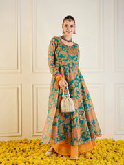 Women Green & Mustard Floral Long Anarkali-SHKUR00431
