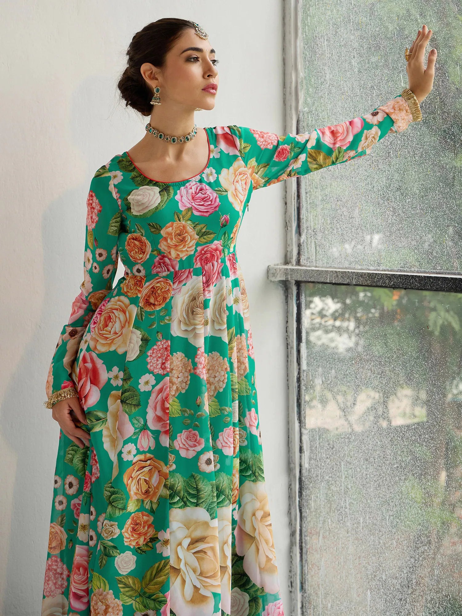 Green Floral Anarkali Kurti for Women | Round Neck Design