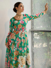 Women Green Floral Round Neck Anarkali Kurta-SHKUR00432